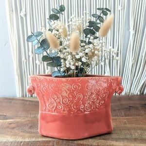 One-of-a-Kind Coral Ceramic Envelope Vase – Handcrafted Textured Design